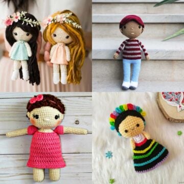 grid of cute crochet dolls.