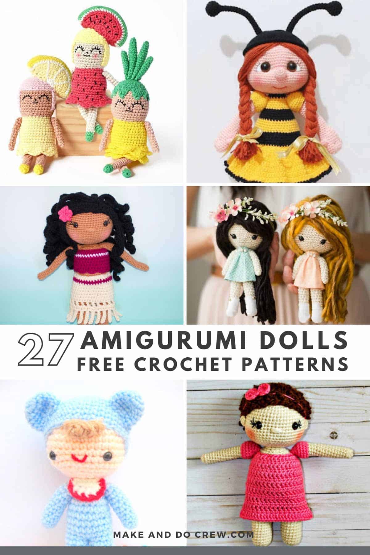 grid of crocheted dolls.