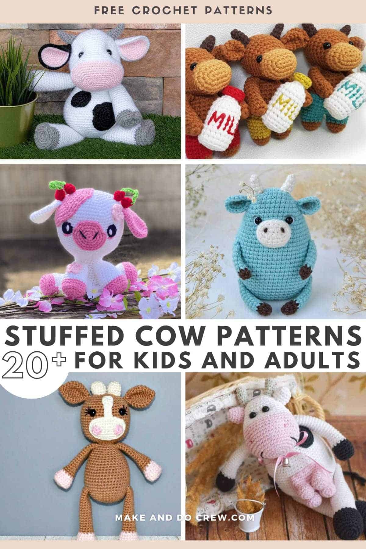 A grid of crochet stuffed cow toys.