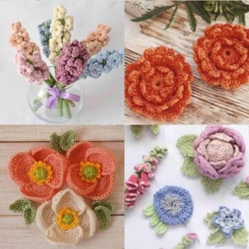 A grid of crochet amigurumi flower patterns.