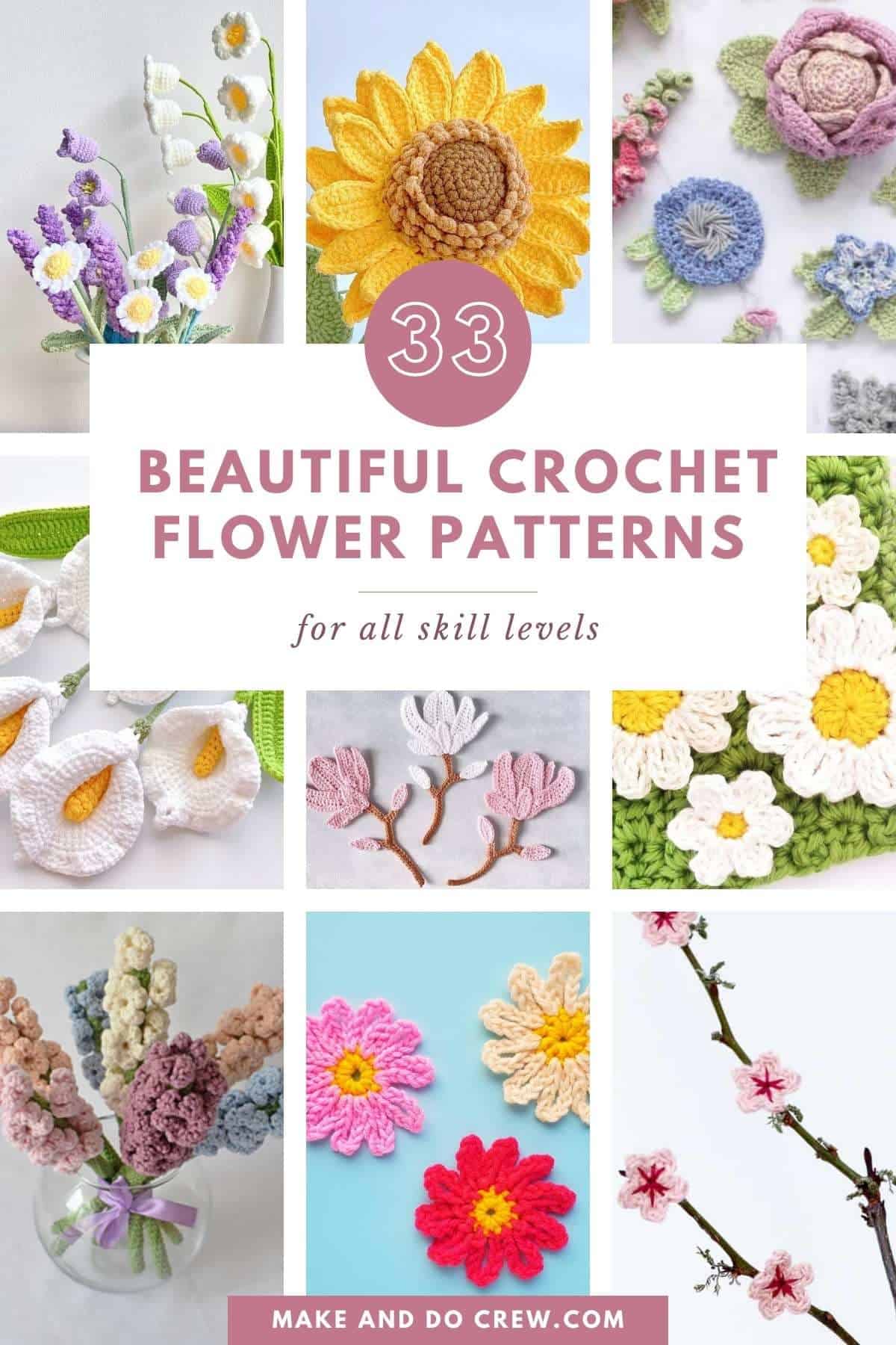 A grid of crochet flowers.