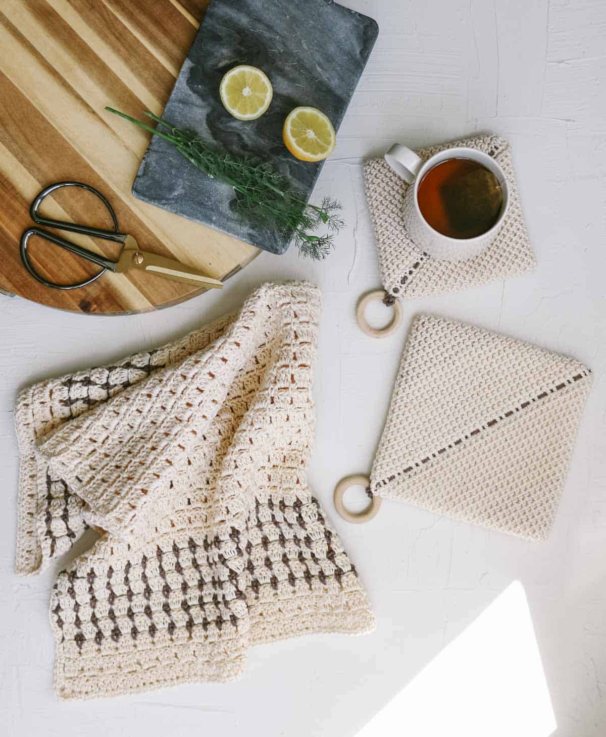 Crochet hand towel and pot holders.