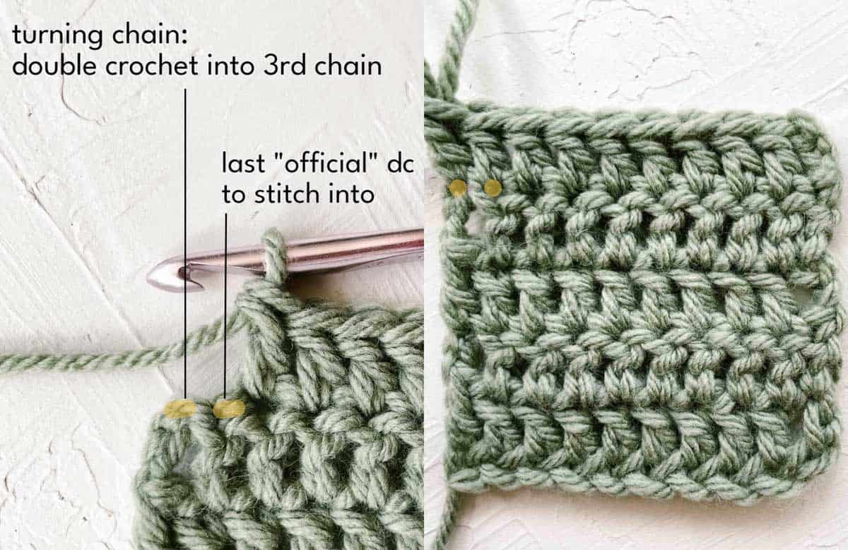 Diagram showing where to place last double crochet in turning chain.