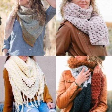 A grid of crochet scarves.