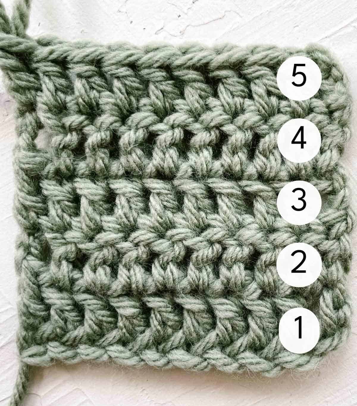 Diagram showing how to count rows of double crochet stitches.