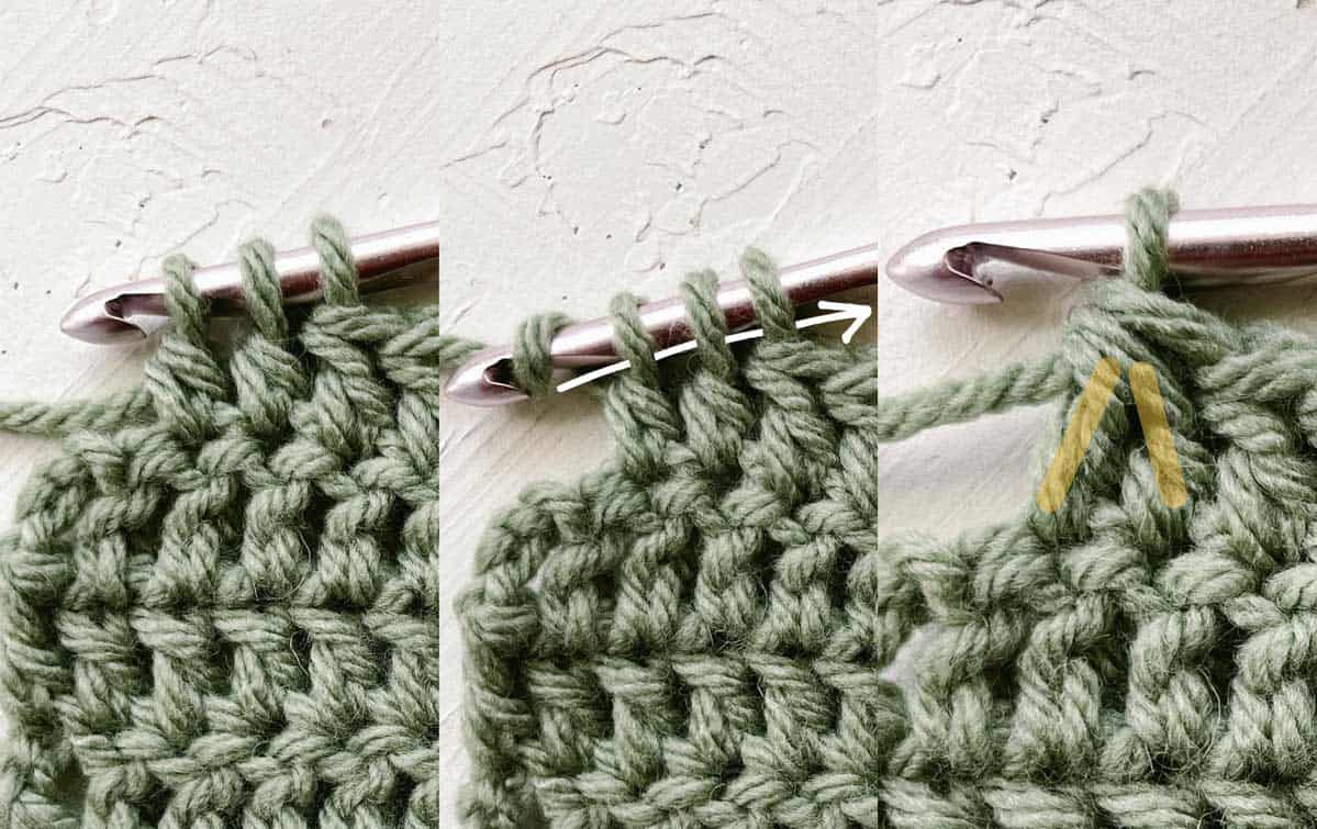 A traditional double crochet decrease (dc2tog).