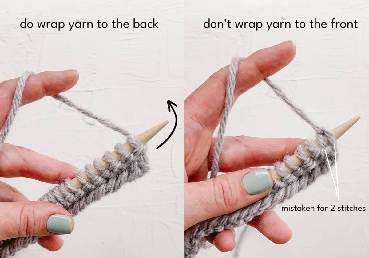 Pull yarn to the back of the needle to start a row of knitting.