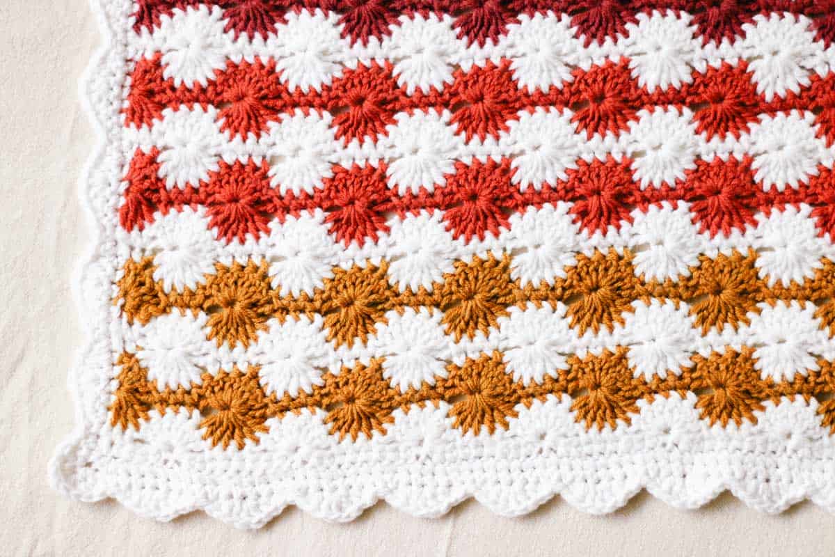 Corner of a rainbow crochet blanket with shell stitch border.