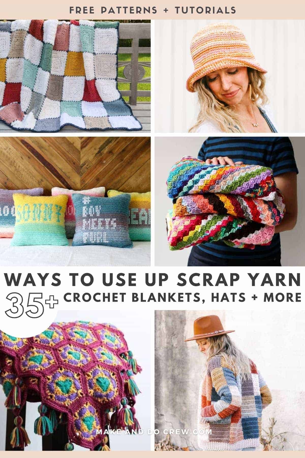 A grid of different crochet projects made with scrap yarn.