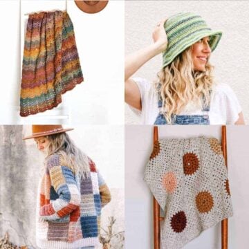 A grid of different crochet projects made with scrap yarn.