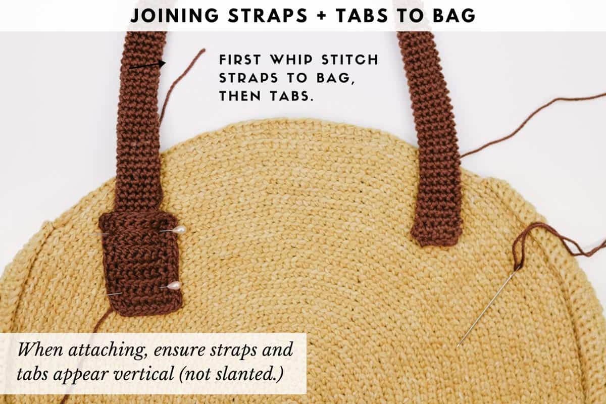 Sewing straps to a round crochet bag.