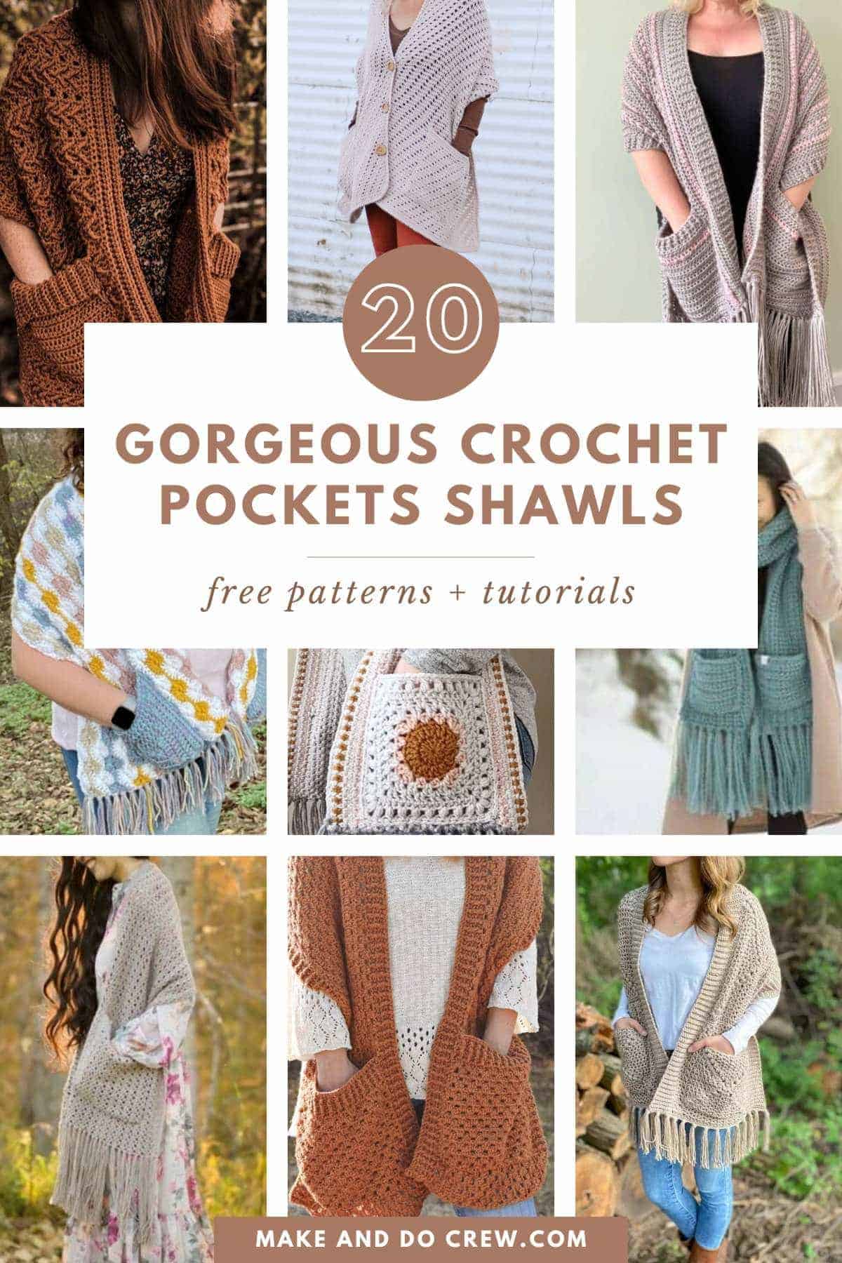 A grid of crochet pocket shawl patterns.