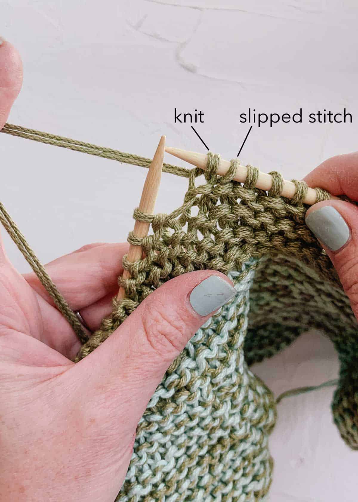 One knit stitch and one slipped stitch on bamboo knitting needles. 