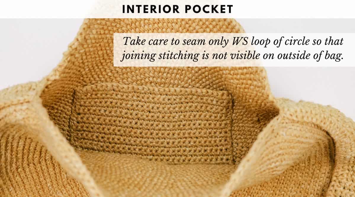 Inner pocket inside crochet circle purse.