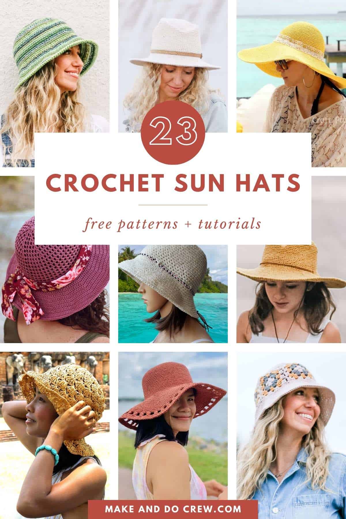 A grid of crochet sun hats.