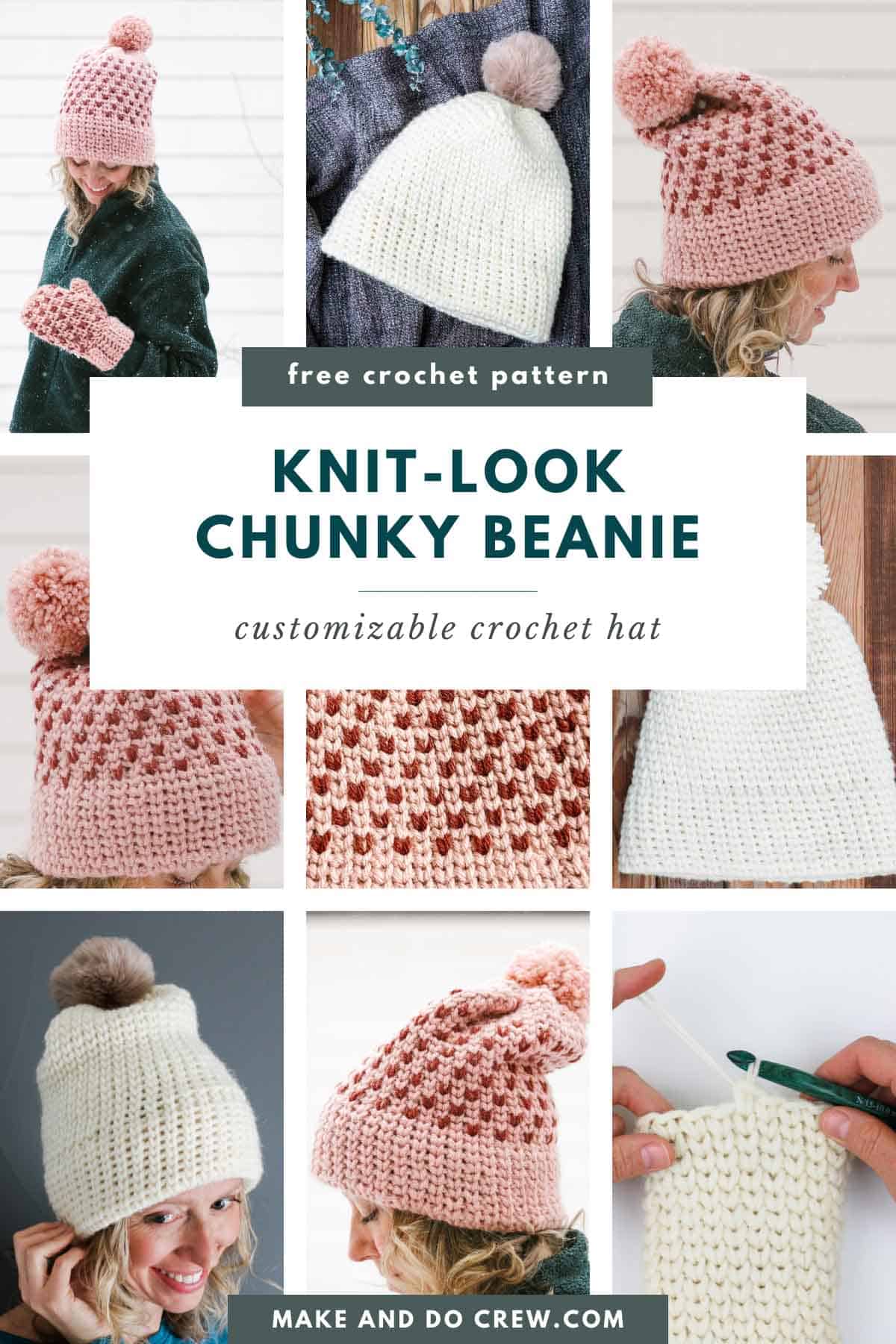 Chunky knit-look crochet beanies made with the waistcoat stitch.