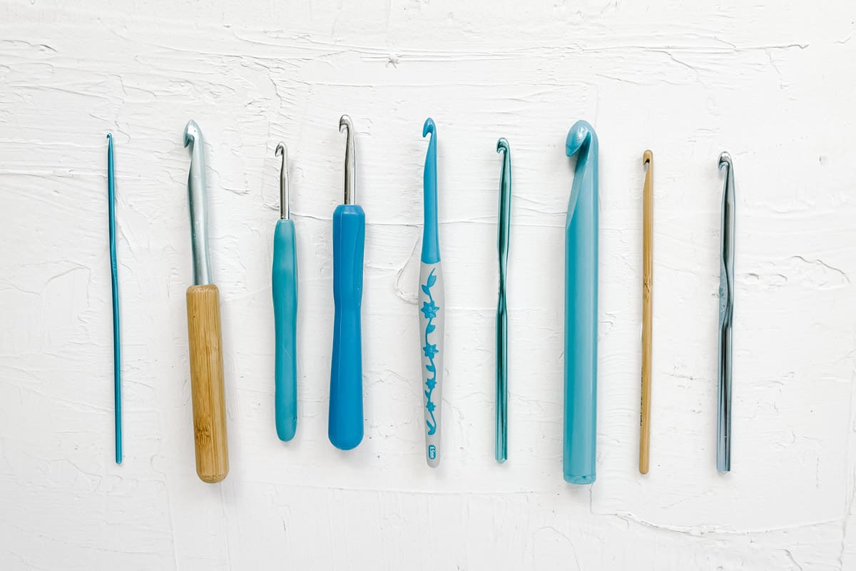 Collection of different crochet hooks. 
