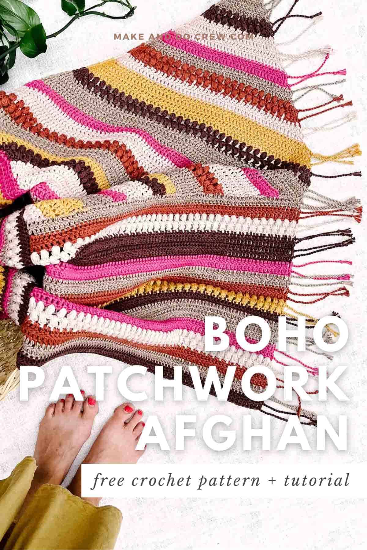 Striped crochet patchwork blanket with fringe edging. 