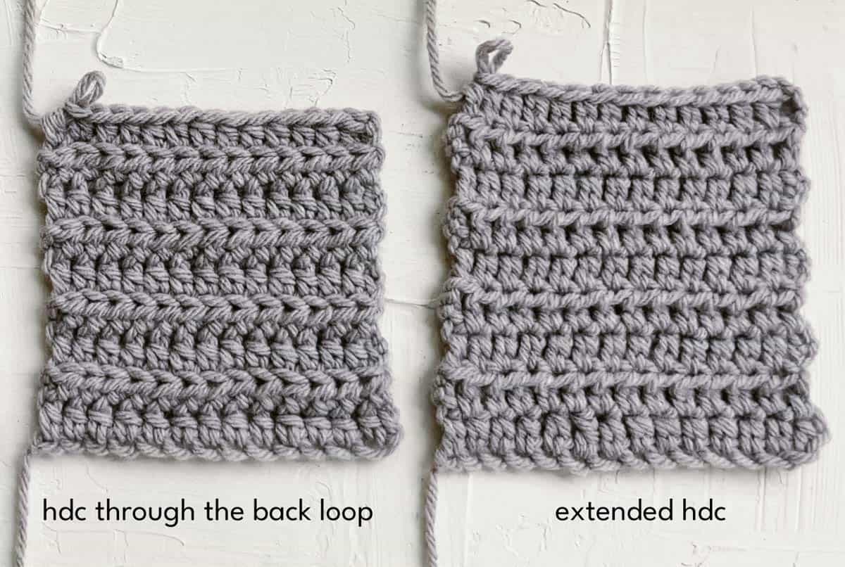 Swatch of hdc blo versus a swatch of extended hdc.