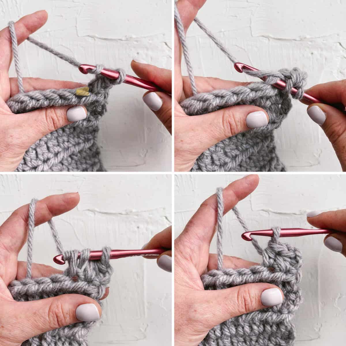Steps 1-4 of crocheting a hdc stitch.