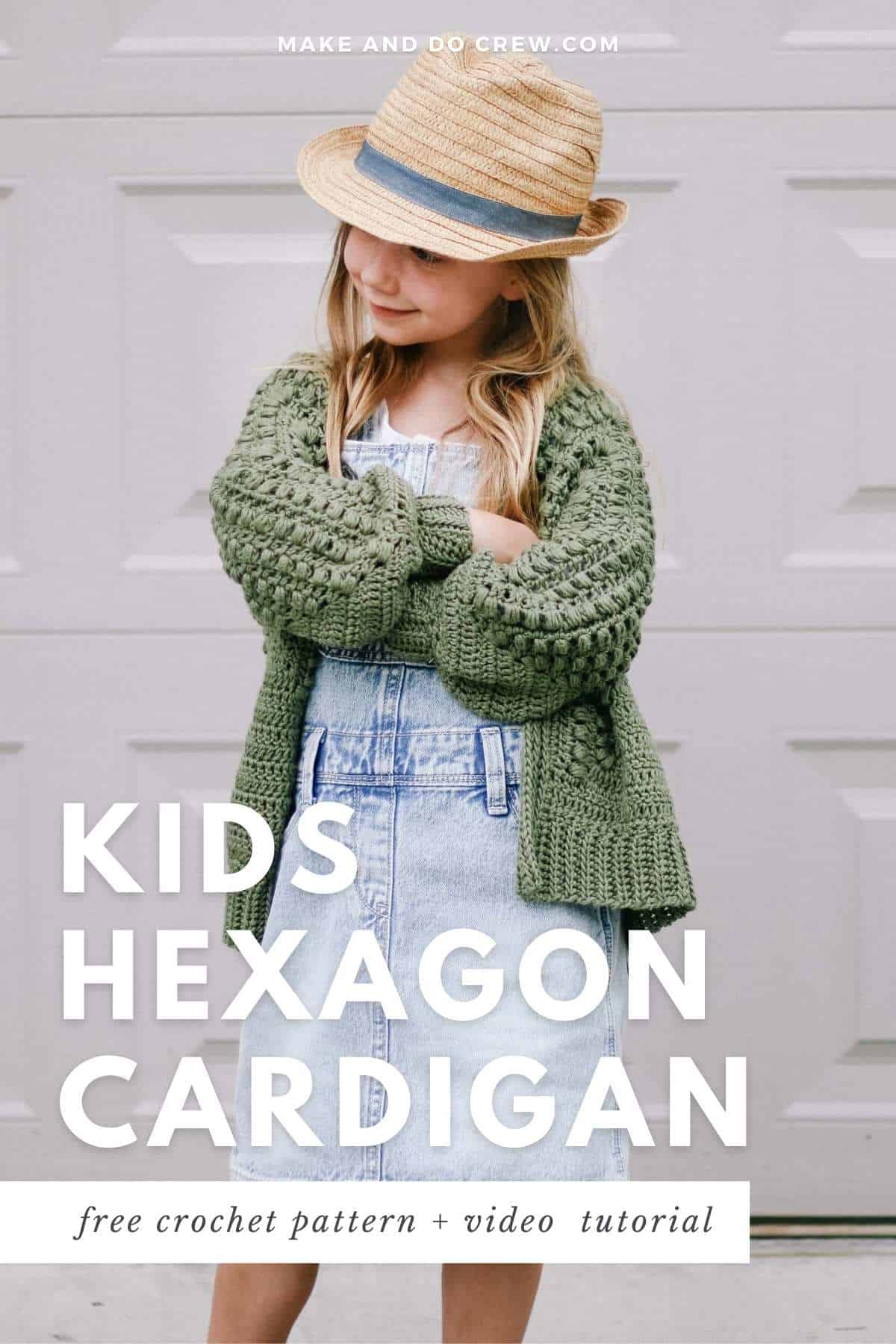 A little girl wearing a kids hexagon cardigan crochet pattern.
