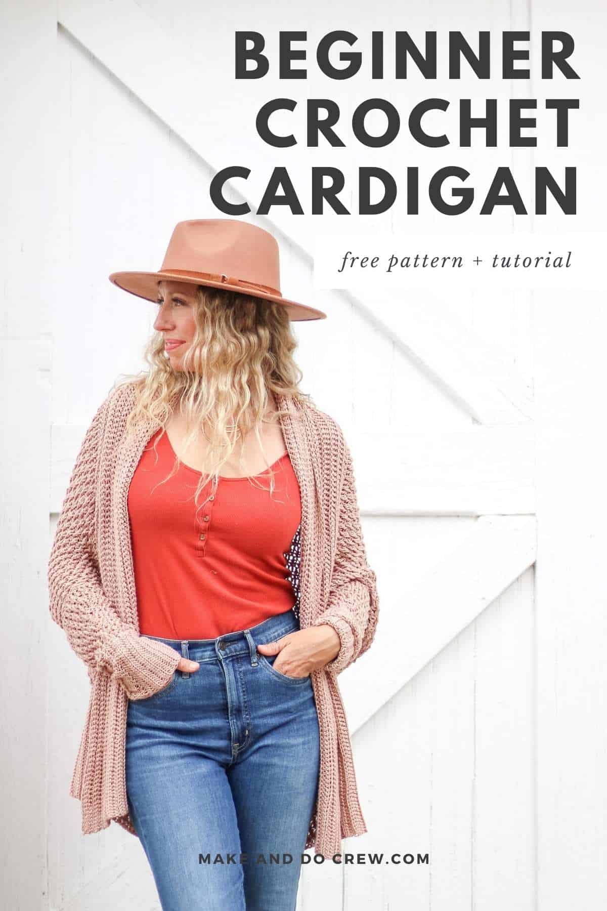 A woman wearing a beginner crochet cardigan pattern with her hands on her front pockets.