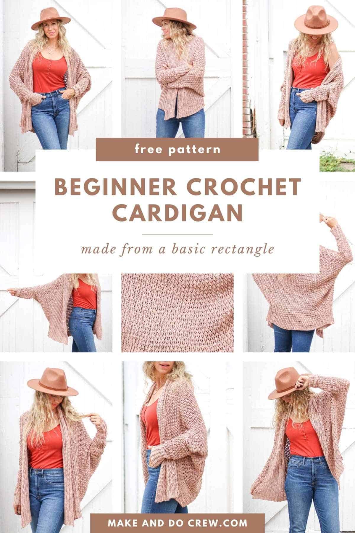 A plus size crochet cardigan shown from multiple angles.