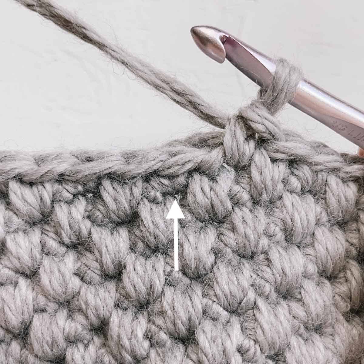 Crochet spike stitch step 1: where to insert the hook.