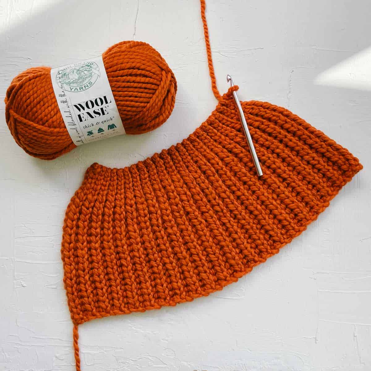 Crochet trapezoid made with Pumpkin colored Wool-Ease Thick & Quick yarn.