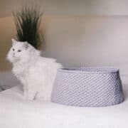A white cat next to a crocheted cat bed made from grey Lion Brand yarn.
