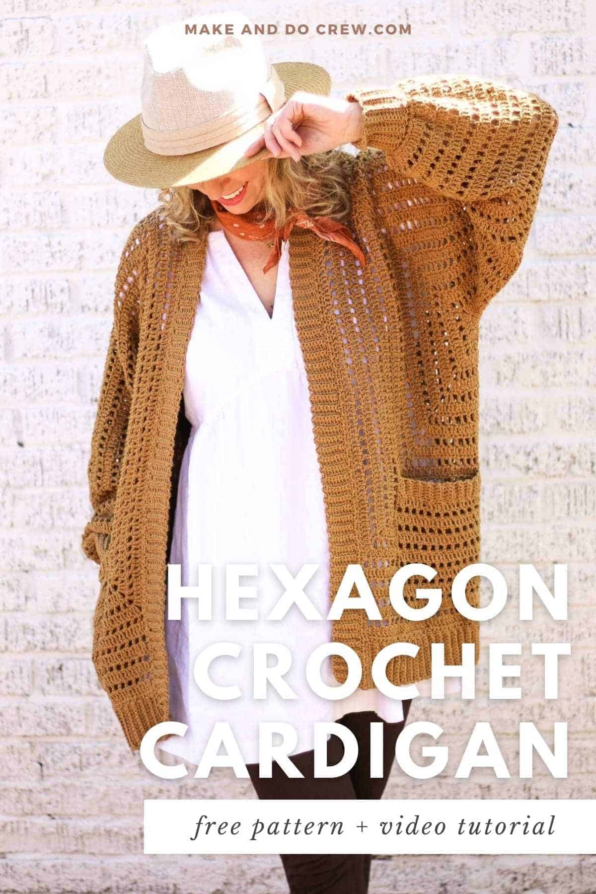 A woman wearing a tan colored hexagon crochet cardigan pattern and a fedora hat.