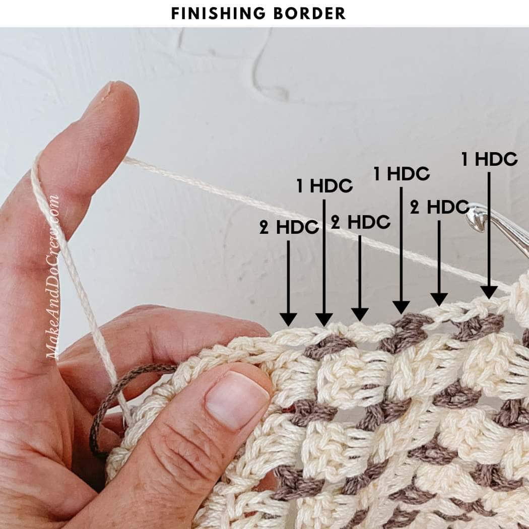 Tutorial showing how to crochet a half double crochet border around a blanket.