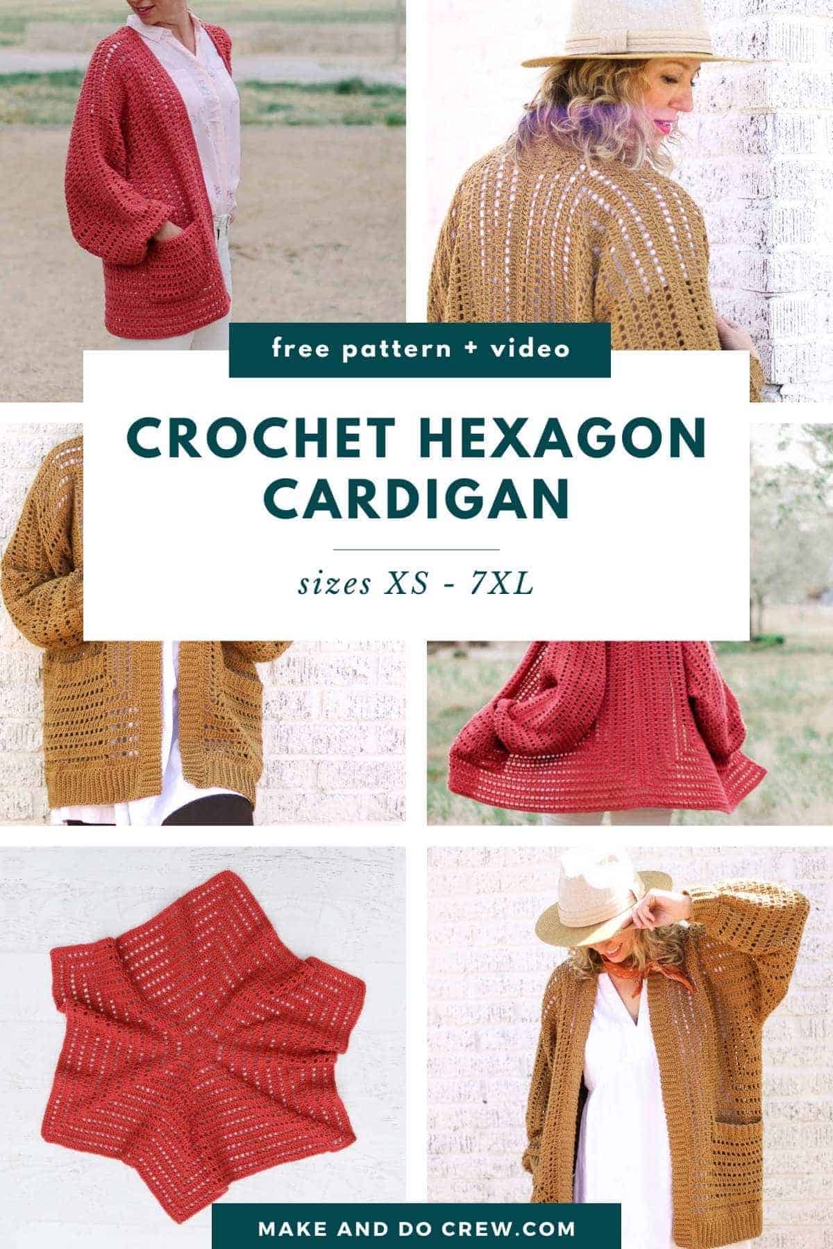 Collection of crochet hexagon cardigan pattern with sizes XS to 7XL.