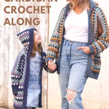 A woman and girl wearing matching crochet granny hexagon cardigans.