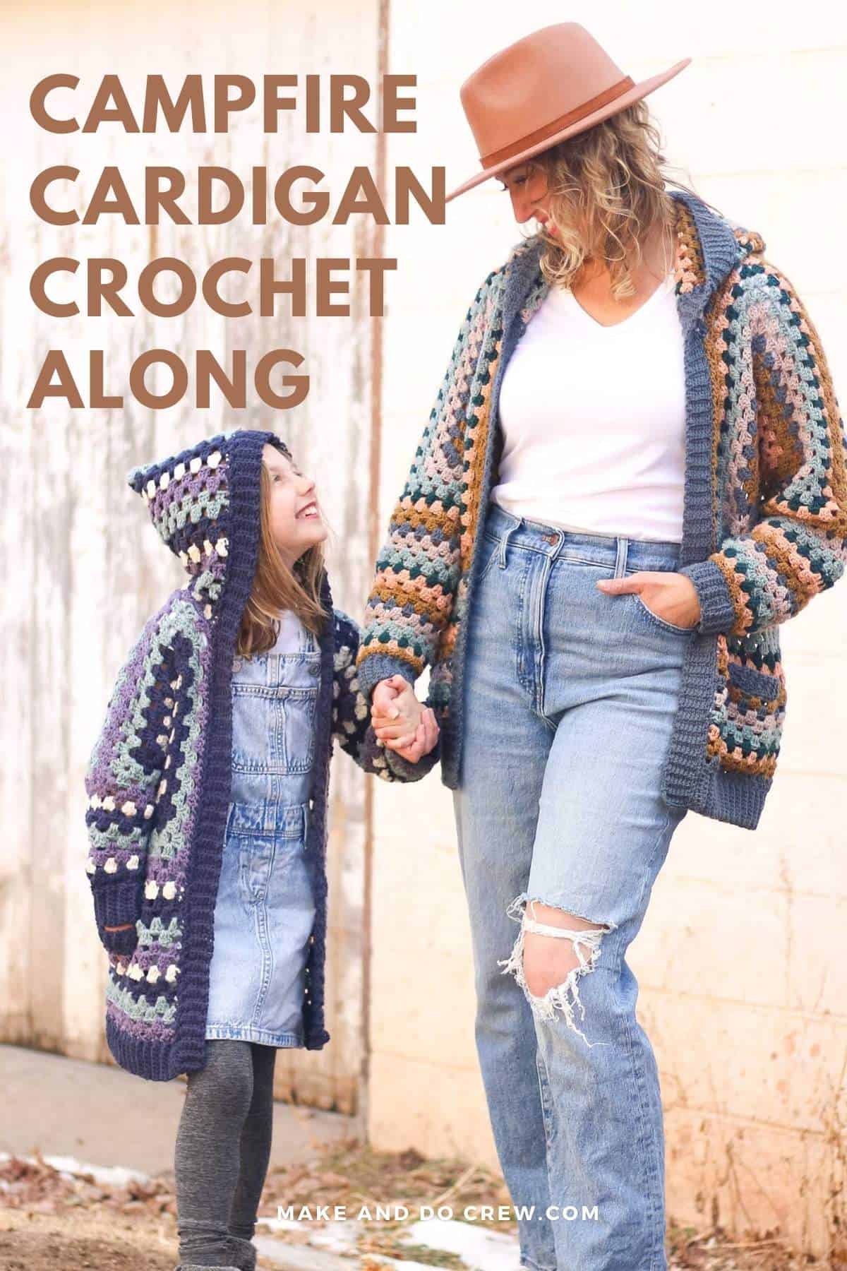 A woman and girl wearing matching crochet granny hexagon cardigans.