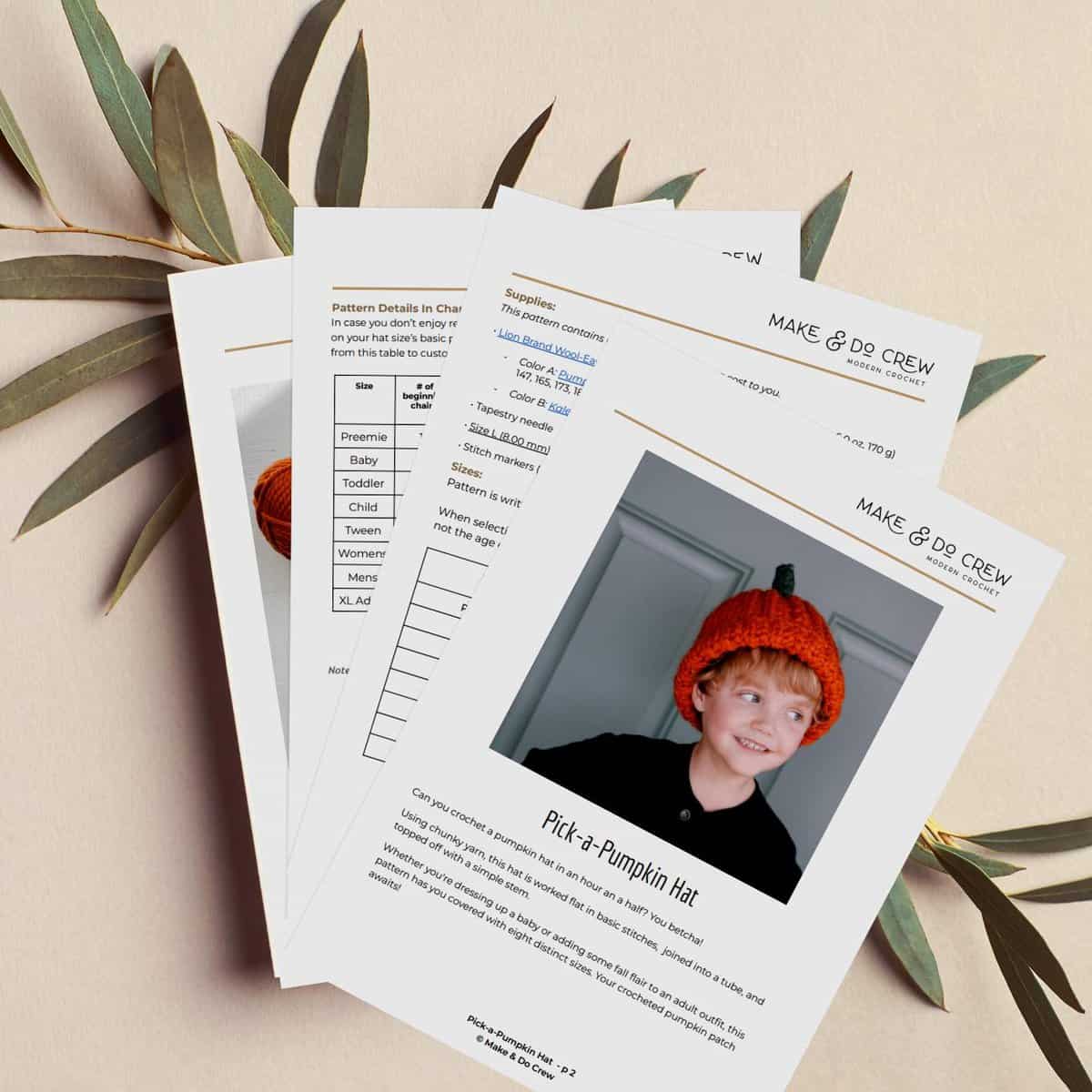 Printable pdf preview of the Pick a Pumpkin hat pattern.