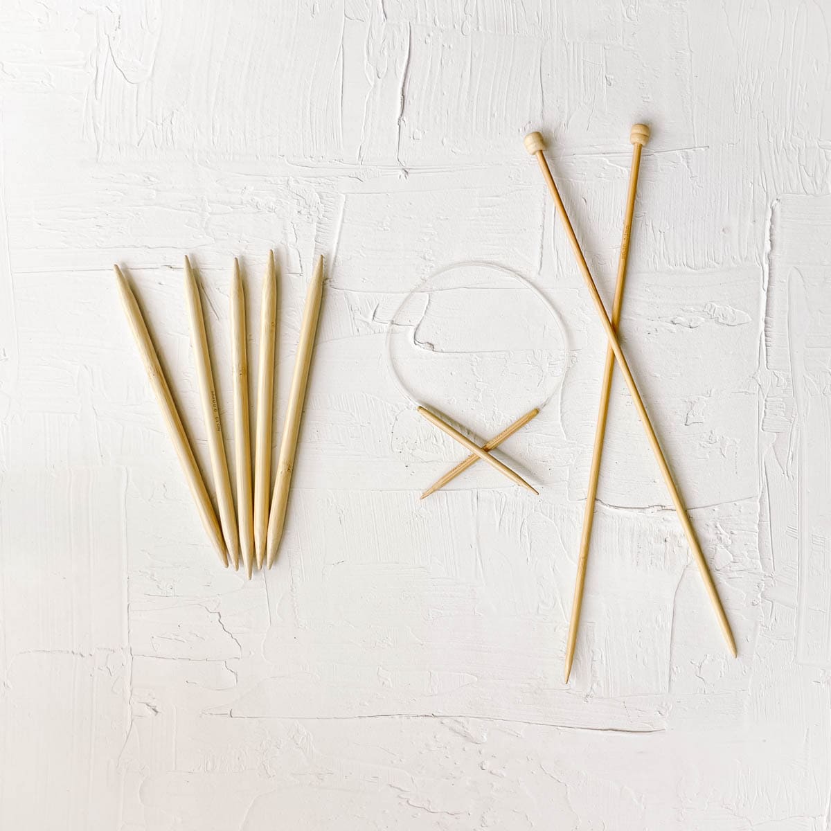 Bamboo double pointed knitting needles, circular needles and straight needles.