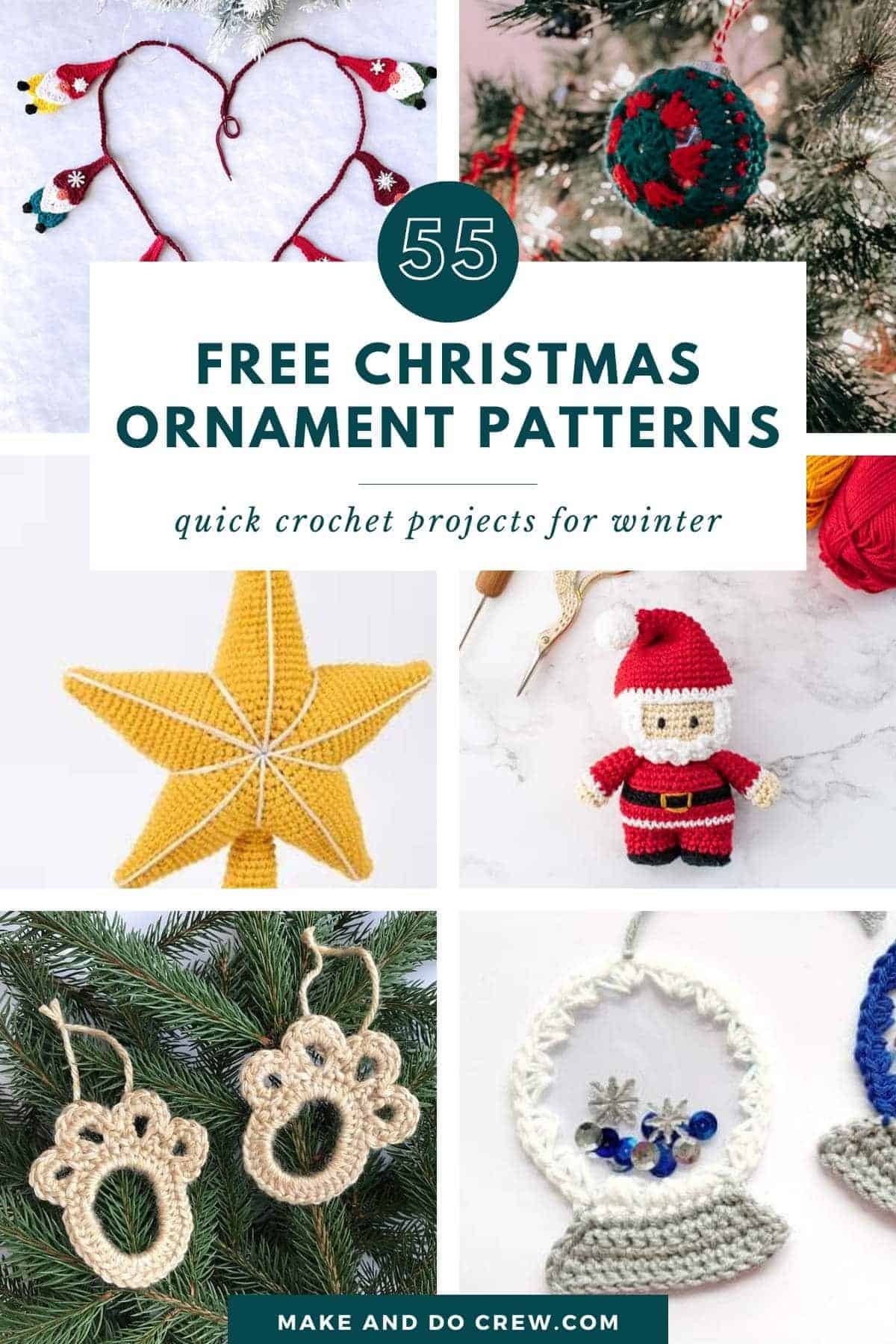 Collection of 55 free Christmas ornament crochet patterns.