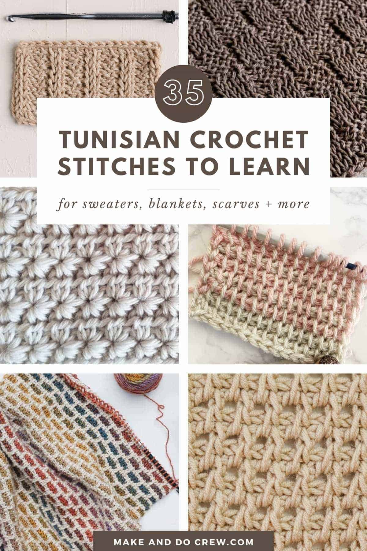 Collection of Tunisian crochet stitches to learn for making sweaters, blankets, scarves, etc.