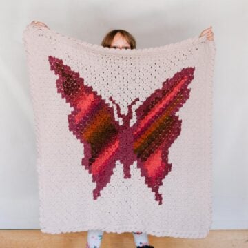 C2C crochet butterfly blanket made in Lion Brand Ferris Wheel yarn (Pink Marmalade).