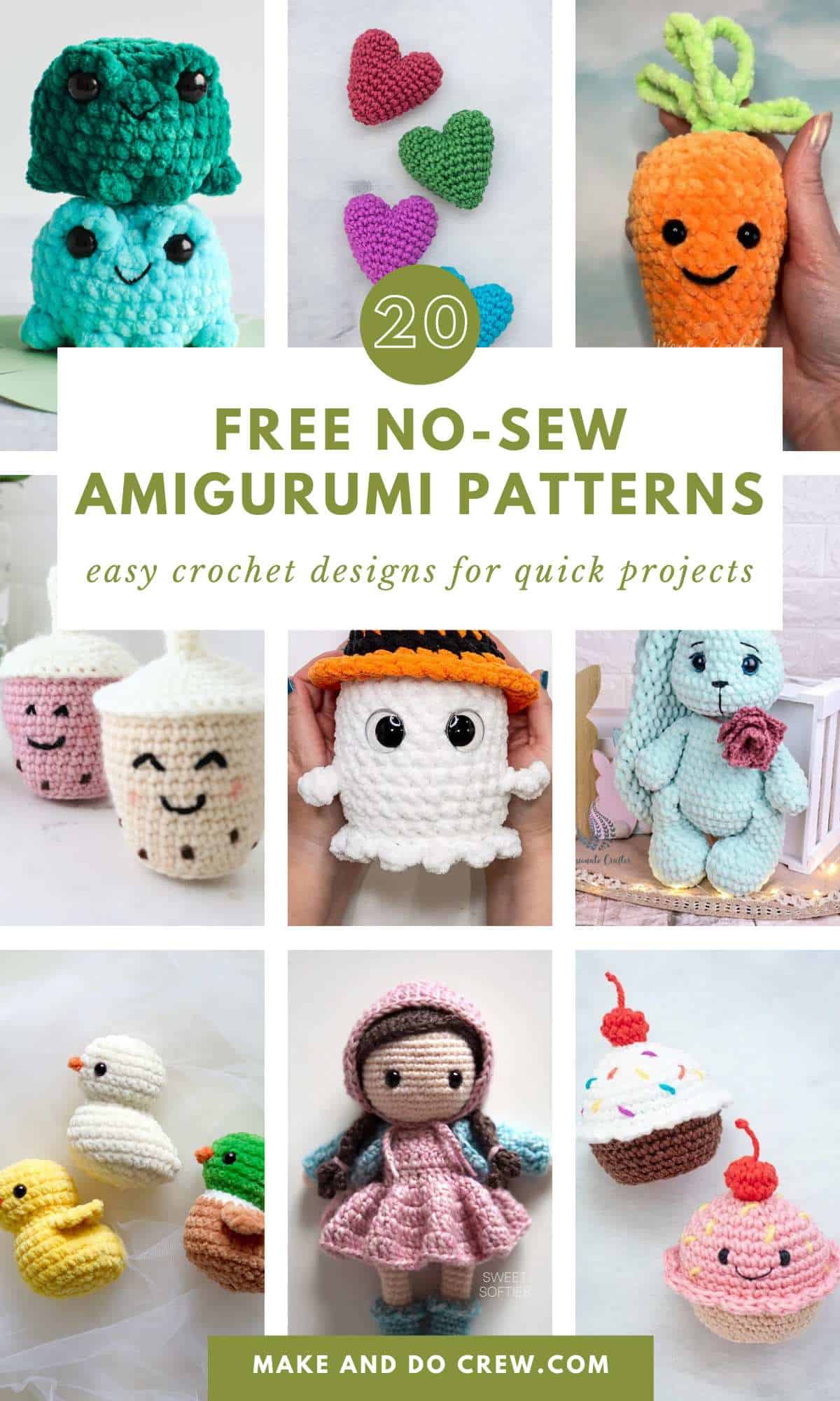 Collection of 20 free no sew amigurumi patterns.