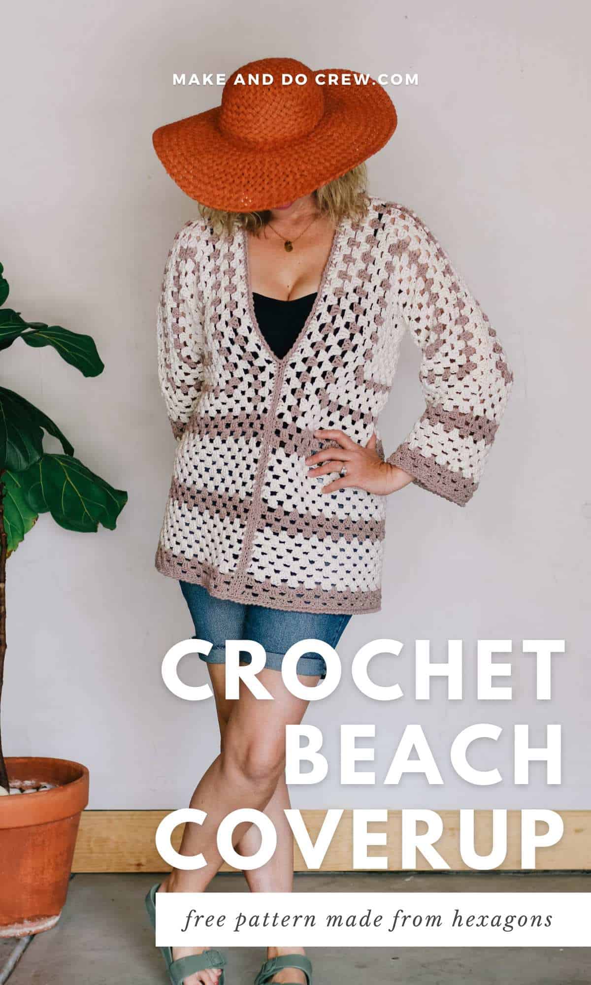 A woman wearing a crochet beach coverup pattern.