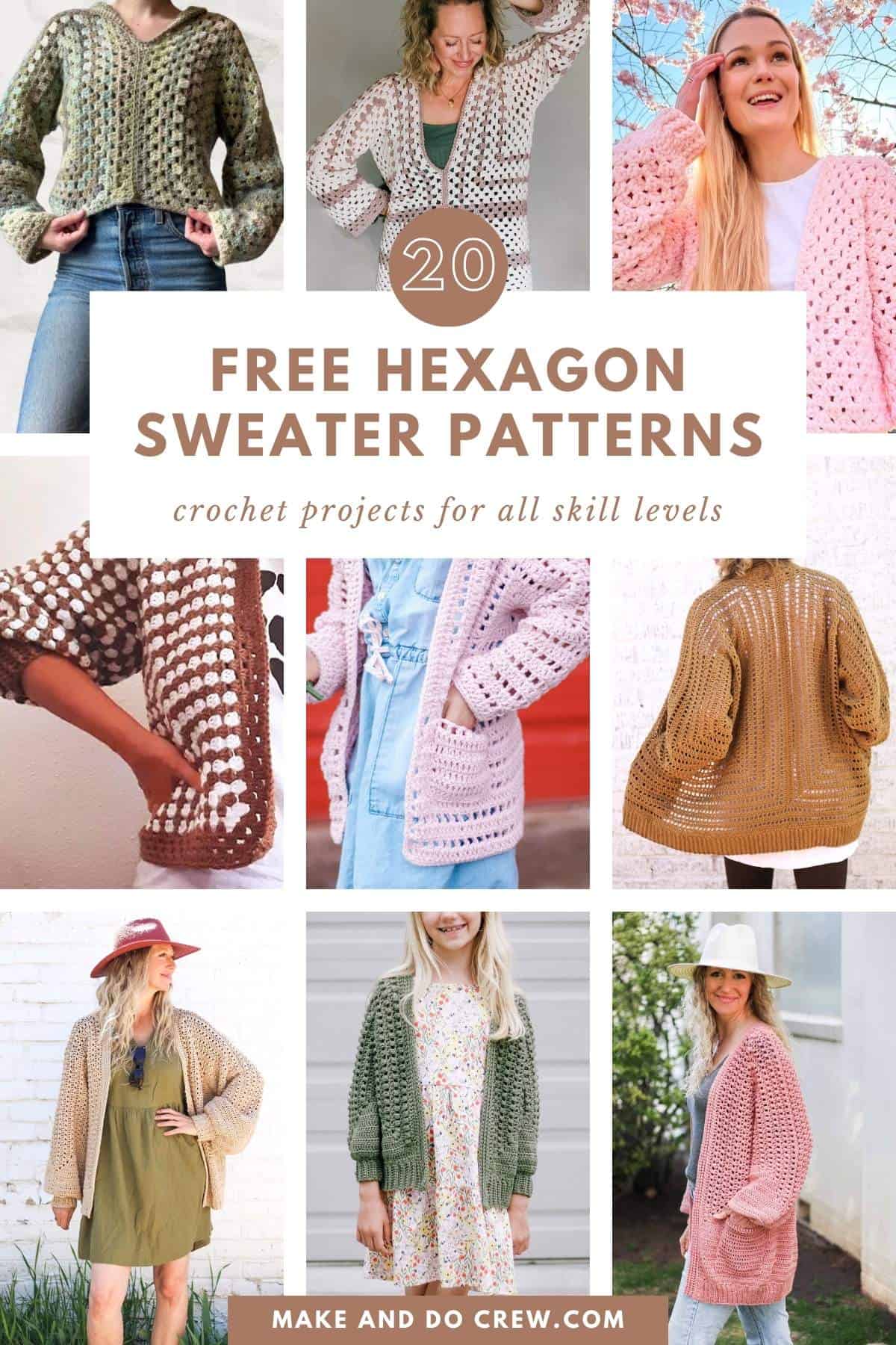 Collection of free hexagon sweater crochet patterns.