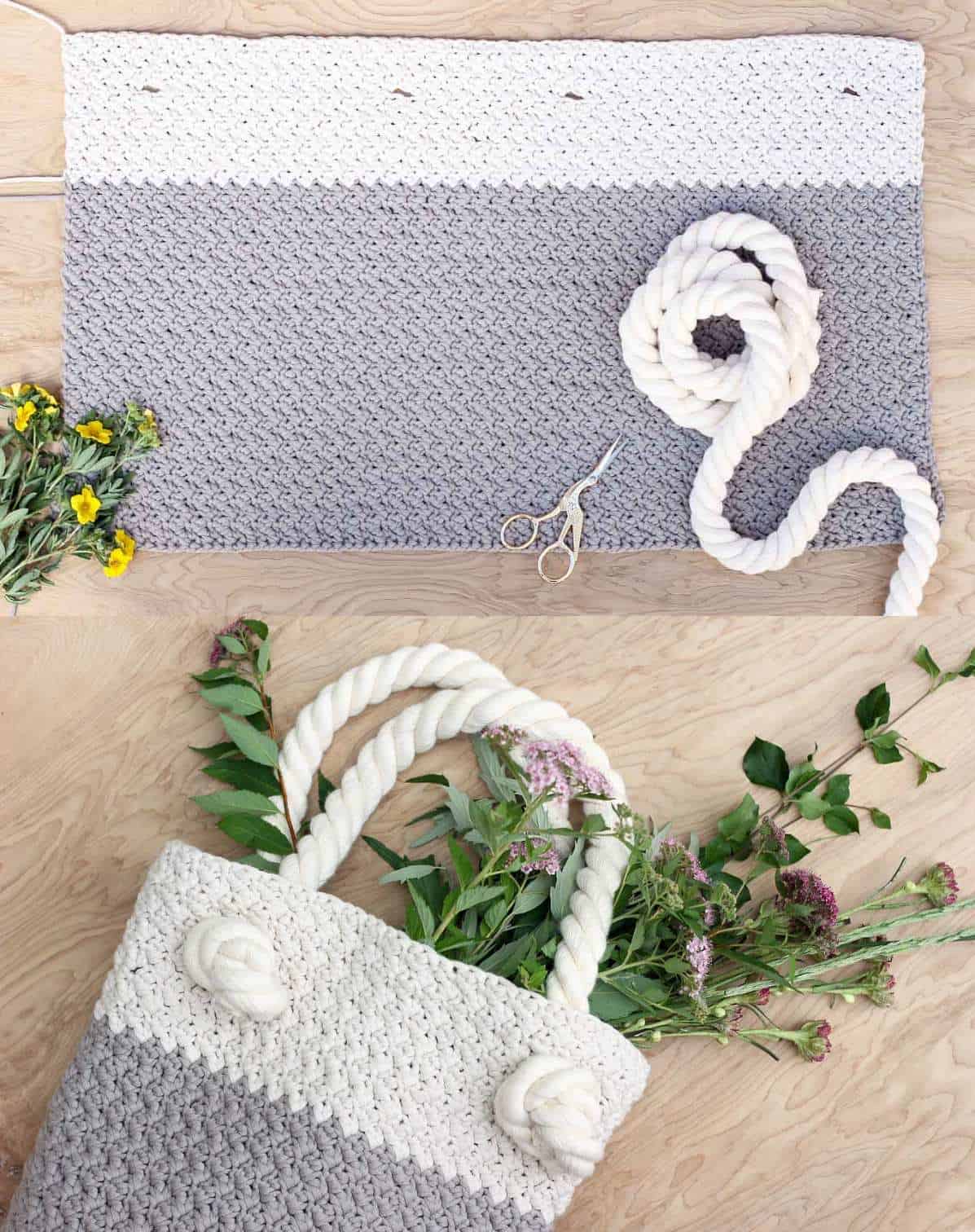 A crocheted rectangle being made into a simple tote bag.