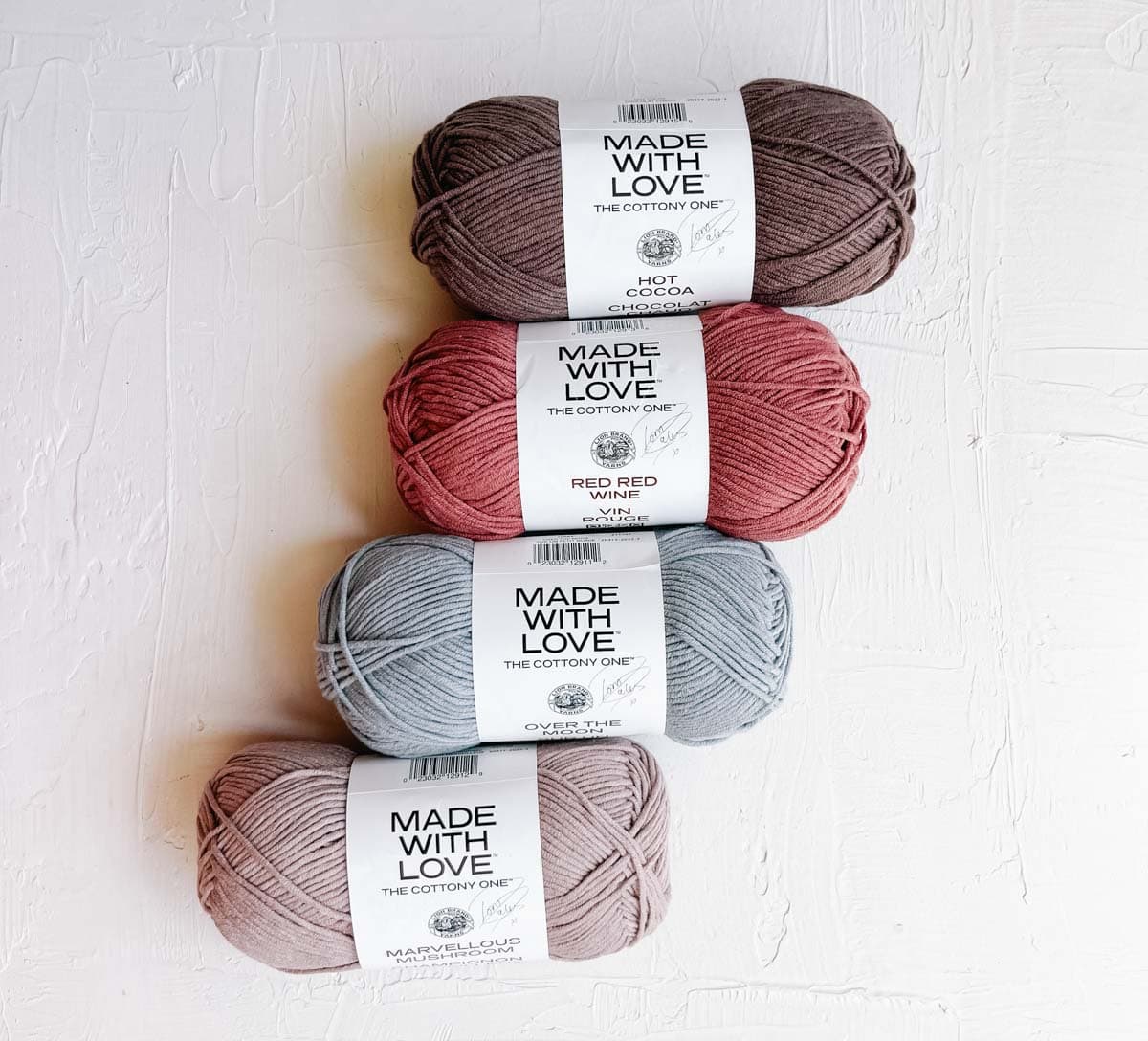 Lion Brand Made With Love the Cottony One yarn by Tom Daley. 