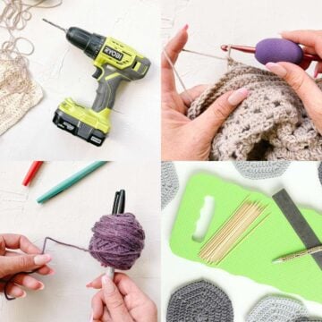 Household items being used as crochet supplies.
