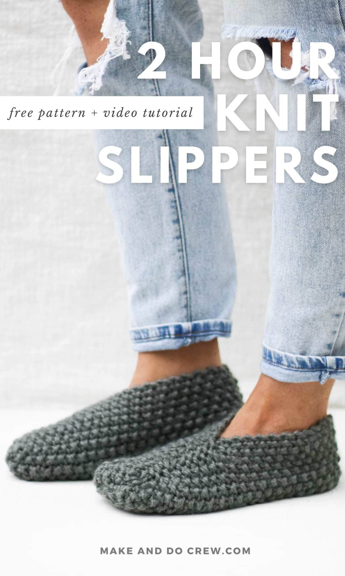 Knit slippers on a woman's feet.