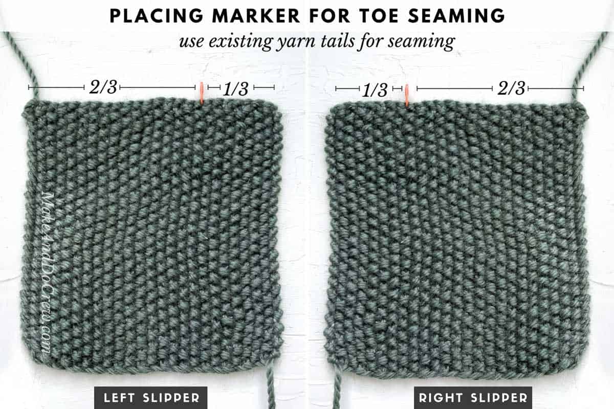 Two knit rectangle slippers with marker for toe seaming.
