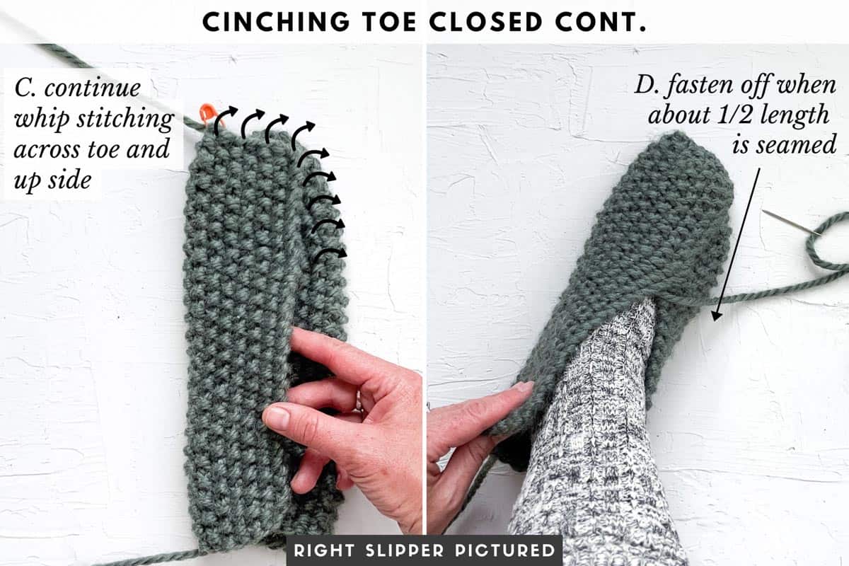 Chunky knit slippers cinching toe closed and woman trying it on.