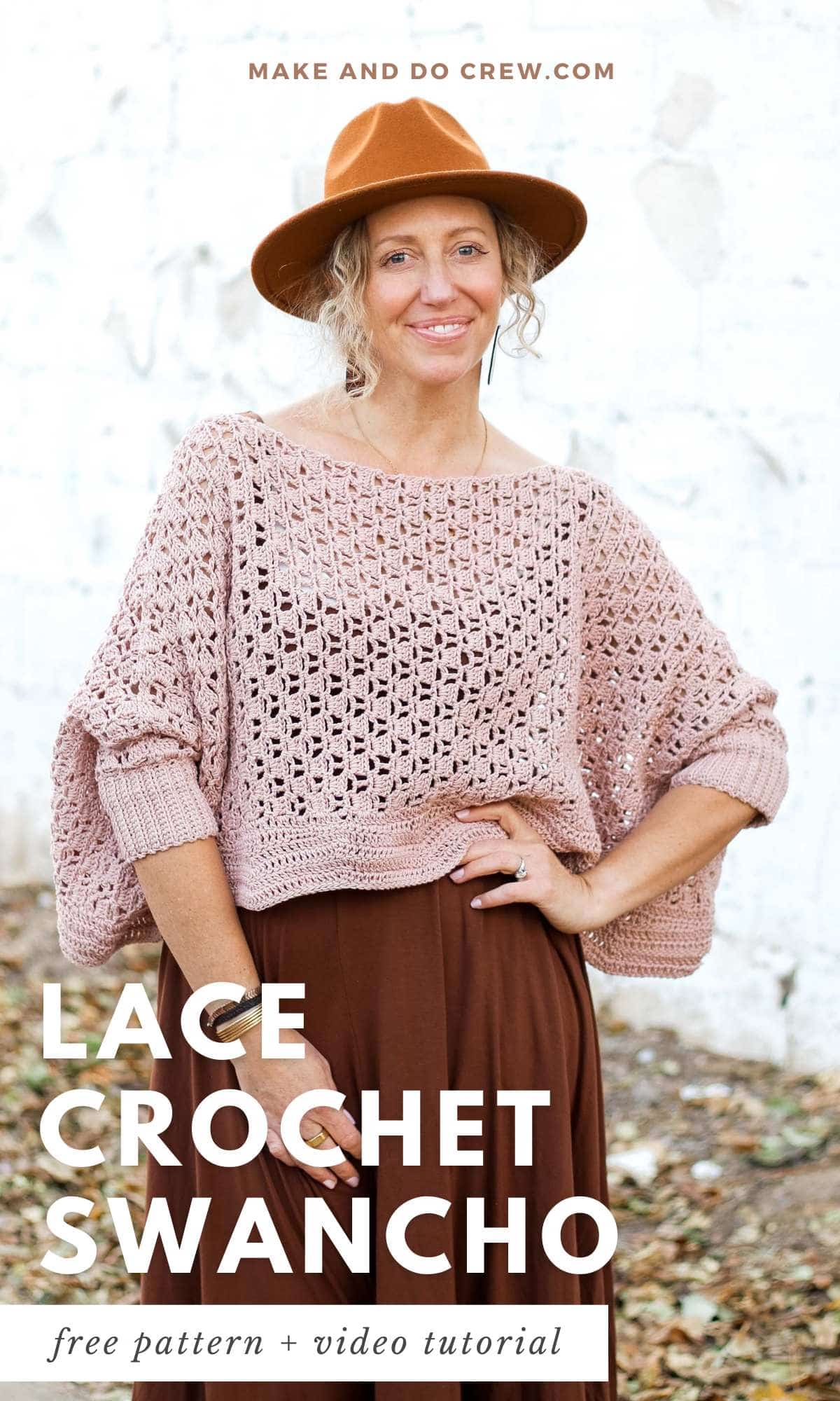 A lace crochet swancho worn by a woman.